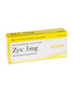 Zyx sugetablett mot sår hals. Produktfoto