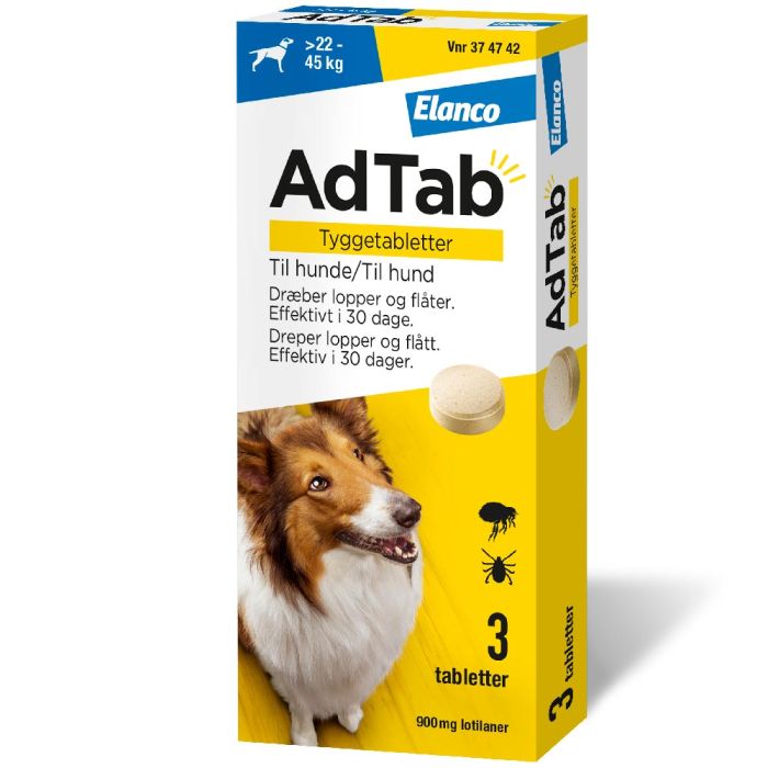 AdTab flått tyggetablett til hund 22-45kg 900mg, 3 stk.
