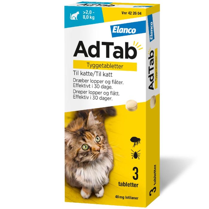 AdTab flått tyggetablett til katt 2-8kg 48mg, 3 stk.