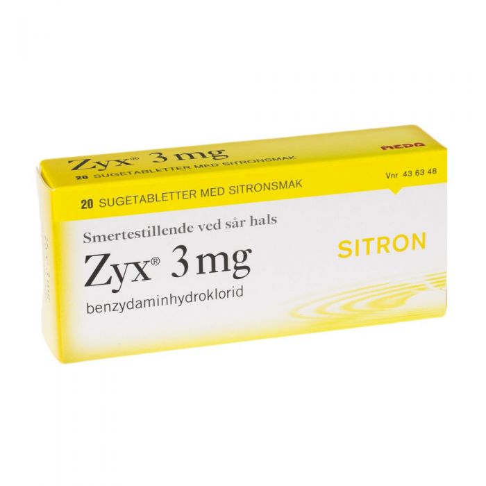 Zyx sugetablett mot sår hals. Produktfoto