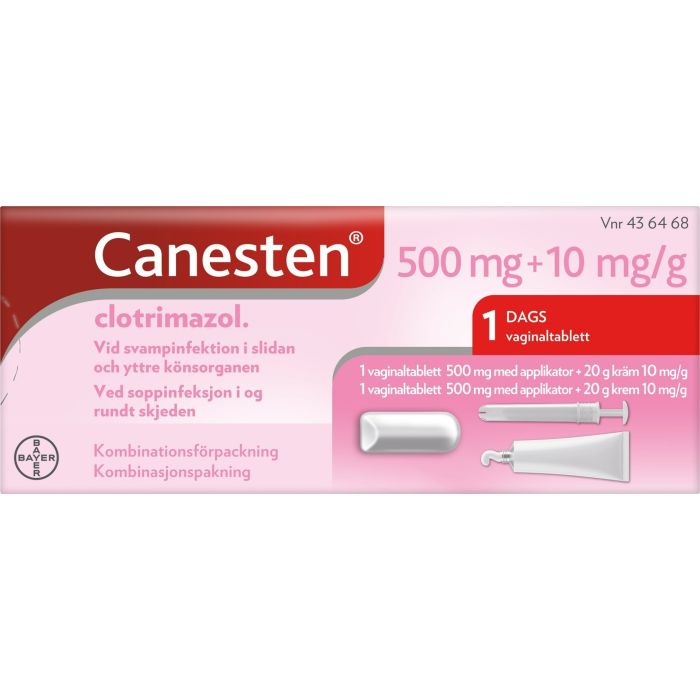 Canesten kombinasjonspakning 1 stk vaginaltablett 500 mg og 20 g krem 1 %