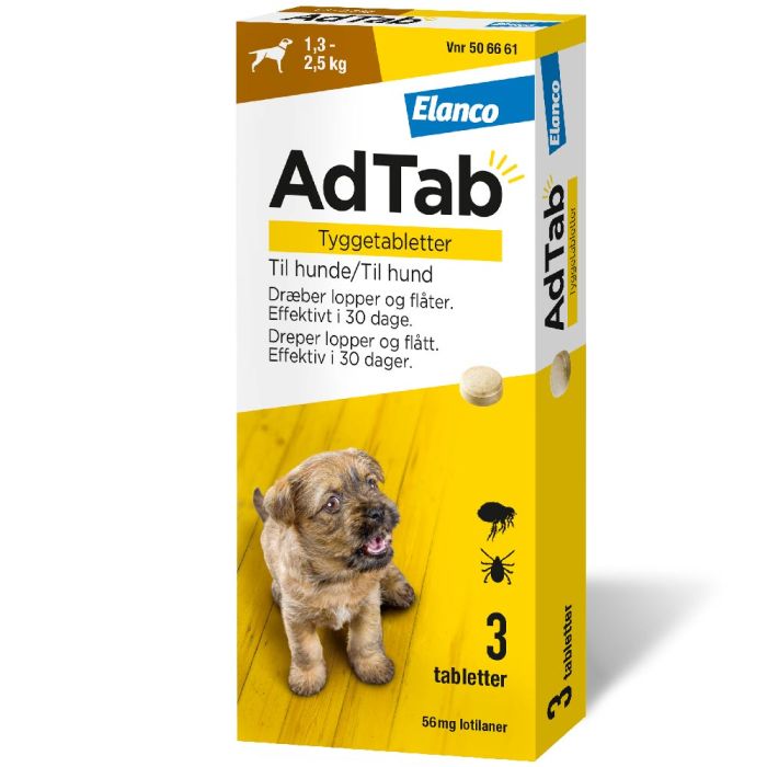 AdTab flått tyggetablett til hund 1,3-2,5kg, 56mg, 3 stk.