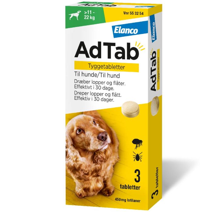 AdTab flått tyggetablett til hund 11-22kg, 450mg, 3 stk.