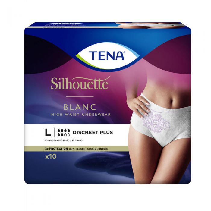 TENA Silhouette Discreet Plus High Waist Hvit, buksebleie, L, 12 stk
