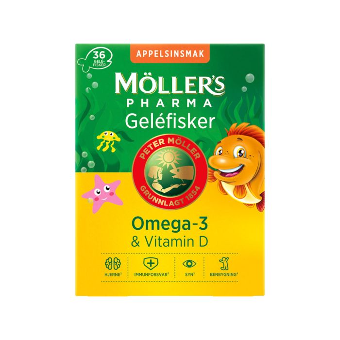 Möller’s Pharma Omega-3 og Vitamin D gelefisker med appelsinsmak 36 stk