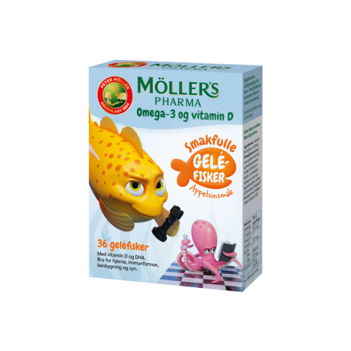 Möller’s Pharma Omega-3 og Vitamin D gelefisker med appelsinsmak 36 stk