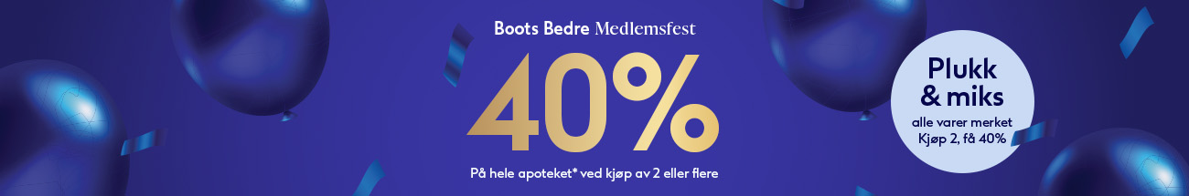 Medlemfest hos Boots Apotek: Kj&oslash;p 2 eller flere varer, f&aring; 40% rabatt