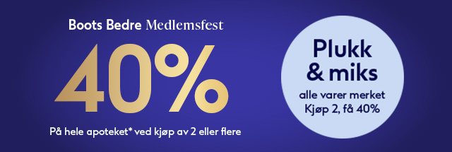 Medlemfest hos Boots Apotek: Kj&oslash;p 2 eller flere varer, f&aring; 40% rabatt