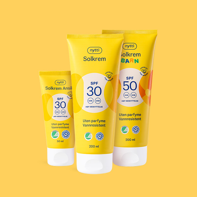 nytti solkrem til ansikt, solkrem til kropp og solkrem til barn