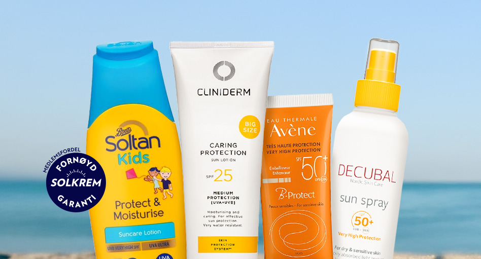 Cliniderm solkrem: Lett og pleiende solkrem med mykgjørende og fuktgivende ingredienser. Ekstra vannresistent. La Roche Posay solkrem: Ultralett krem med høy solbeskyttelse. Tilstopper ikke porene i huden.