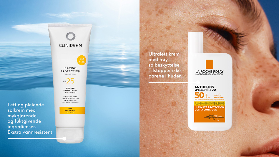 Cliniderm solkrem: Lett og pleiende solkrem med mykgjørende og fuktgivende ingredienser. Ekstra vannresistent. La Roche Posay solkrem: Ultralett krem med høy solbeskyttelse. Tilstopper ikke porene i huden.