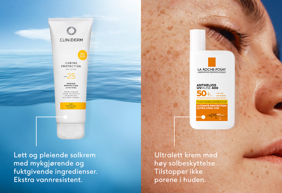 Cliniderm solkrem: Lett og pleiende solkrem med mykgjørende og fuktgivende ingredienser. Ekstra vannresistent. La Roche Posay solkrem: Ultralett krem med høy solbeskyttelse. Tilstopper ikke porene i huden.